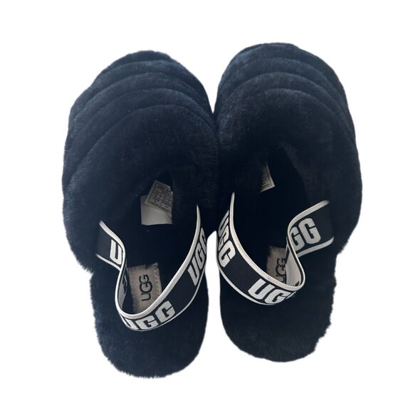 Ugg Faux Fur Sandals Women Size 8 Fluff Slide Slippers Black Slip-On - Picture 1 of 9